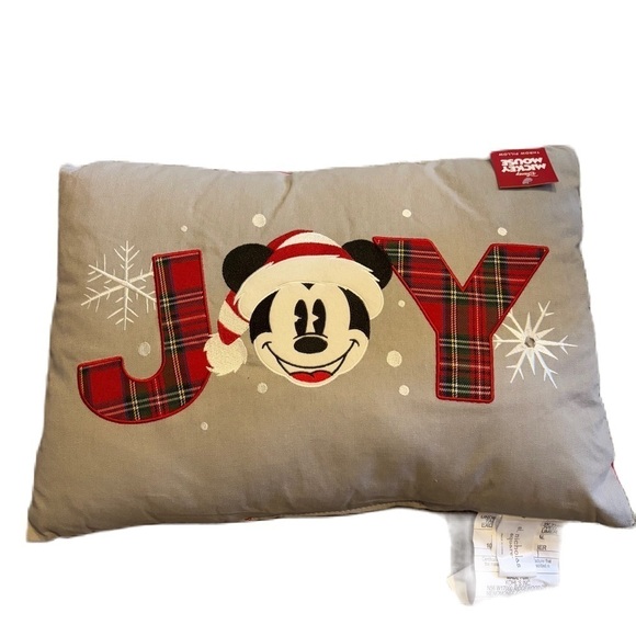 Disney Mickey Mouse JOY Rectangular Throw Pillow NEW Christmas Gray Red - Picture 1 of 3